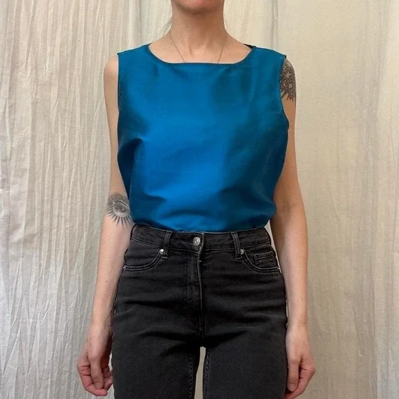 Electric Blue Silk Sleeveless Blouse VTG Y2K Silk Lore Beth Terrell M/L Fitted - Picture 1 of 7